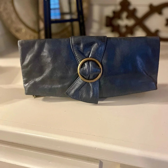 HOBO Soft Blue Leather Foldover Magnetic Clutch Purse Bronze Ring Boho Evening - Picture 1 of 12